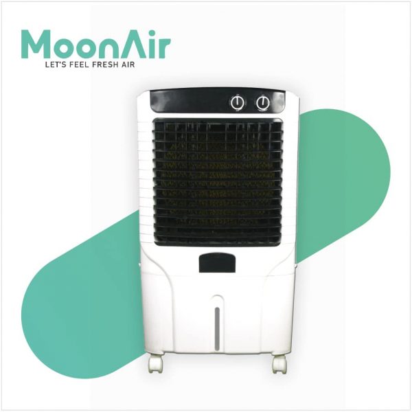 MoonAir Plastic Platinum 65 L Desert Air Cooler For Home, 5 Fin Power Flow Blade With Auto Swing, 4-Way Air Deflection and Powerful Air Throw With High-Density Honeycomb pads, Air Cooler, Desert Air Cooler, Air Cooler For Home; Black & White