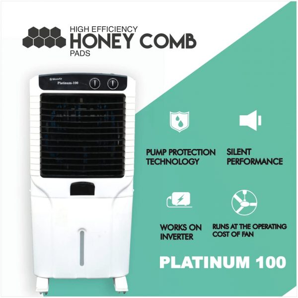 MoonAir Plastic Platinum 100 L Desert Air Cooler For Home, 5 Fin Power Flow Blade With Auto Swing, 4-Way Air Deflection and Powerful Air Throw With High-Density Honeycomb pad, Air Cooler, Desert Air Cooler, Air Cooler For Home; Black & White; Commercial cooler