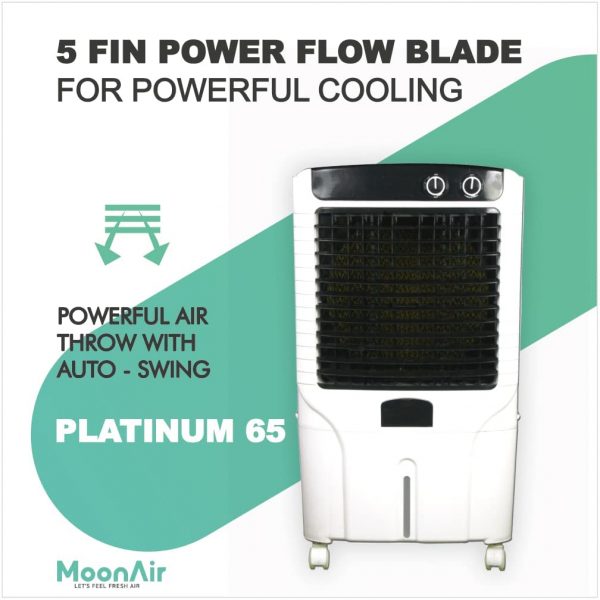 MoonAir Plastic Platinum 65 L Desert Air Cooler For Home, 5 Fin Power Flow Blade With Auto Swing, 4-Way Air Deflection and Powerful Air Throw With High-Density Honeycomb pads, Air Cooler, Desert Air Cooler, Air Cooler For Home; Black & White
