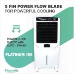 MoonAir Plastic Platinum 100 L Desert Air Cooler For Home, 5 Fin Power Flow Blade With Auto Swing, 4-Way Air Deflection and Powerful Air Throw With High-Density Honeycomb pad, Air Cooler, Desert Air Cooler, Air Cooler For Home; Black & White; Commercial cooler