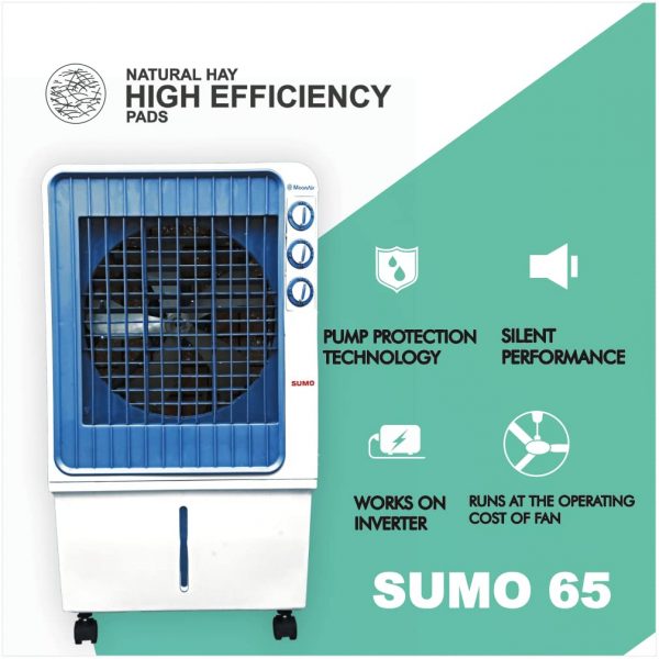 MoonAir Plastic Sumo 65 L Desert Air Cooler For Home, 5 Fin Power Flow Blade With Auto Swing, 4-Way Air Deflection and Powerful Air Throw With High-Density Natural Hay pads, Air Cooler, Desert Air Cooler, Air Cooler For Home; White