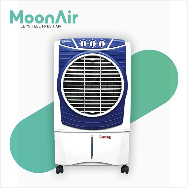 MoonAir Plastic Gulmarg 65 L Desert Air Cooler For Home, 5 Fin Power Flow Blade With Auto Swing, 4-Way Air Deflection and Powerful Air Throw With High-Density Natural Hay pads, Air Cooler, Desert Air Cooler, Air Cooler For Home; Blue & White