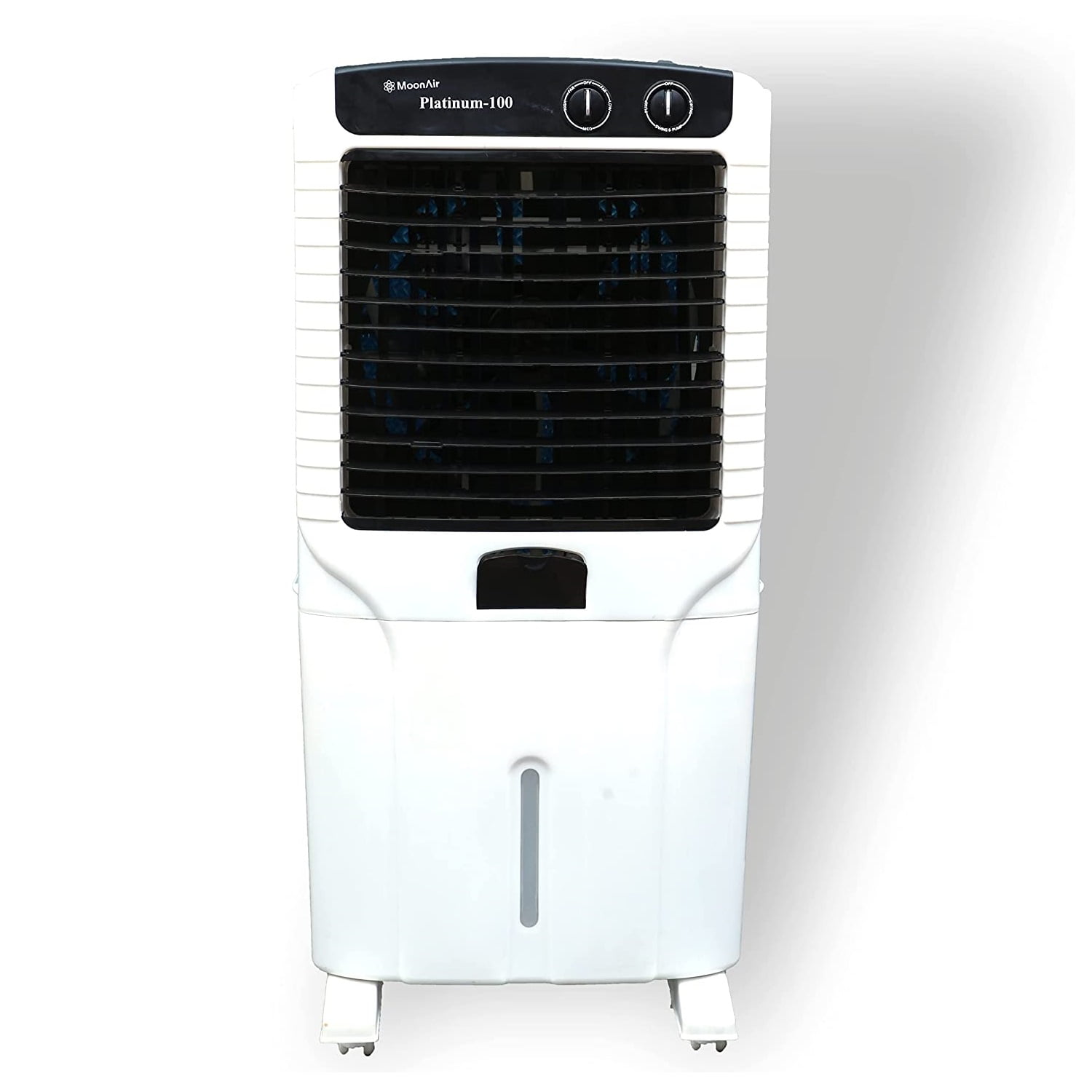 MoonAir Plastic Platinum 100 L Desert Air Cooler For Home, 5 Fin Power Flow Blade With Auto Swing, 4-Way Air Deflection and Powerful Air Throw With High-Density Honeycomb pad, Air Cooler, Desert Air Cooler, Air Cooler For Home; Black & White; Commercial cooler