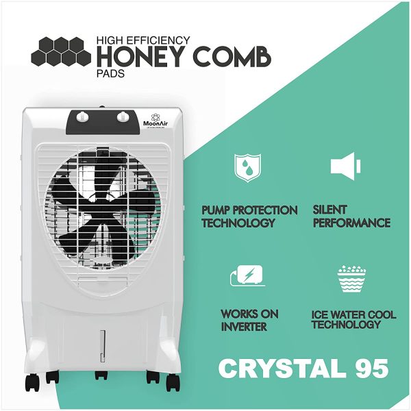 MoonAir Plastic Crystal 95 L Desert Air Cooler For Home, 5 Fin Power Flow Blade With Auto Swing, 4-Way Air Deflection and Powerful Air Throw With High-Density Honeycomb pads, Air Cooler, Desert Air Cooler, Air Cooler For Home; White