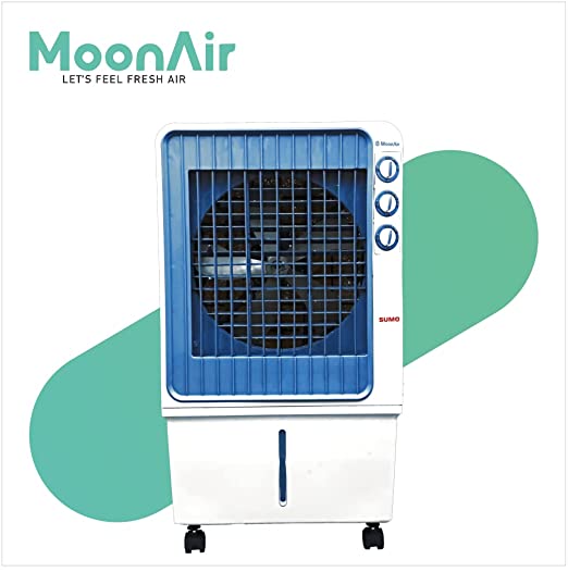 MoonAir Plastic Sumo Plus 65 L Desert Air Cooler For Home, 5 Fin Power Flow Blade With Auto Swing, 4-Way Air Deflection and Powerful Air Throw With High-Density Honeycomb pads, Air Cooler, Desert Air Cooler, Air Cooler For Home; Cyan & White