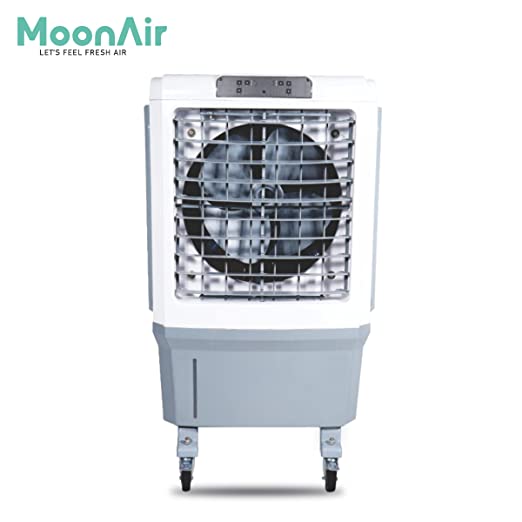 MoonAir Plastic Iconic Touch 70 L Desert Air Cooler For Home, 5 Fin Power Flow Blade With Auto Swing, 4-Way Air Deflection and Powerful Air Throw With High-Density Honeycomb pads, Air Cooler, Desert Cooler, Cooler For Home, Desert Air Cooler, Air Cooler For Home; Grey & White