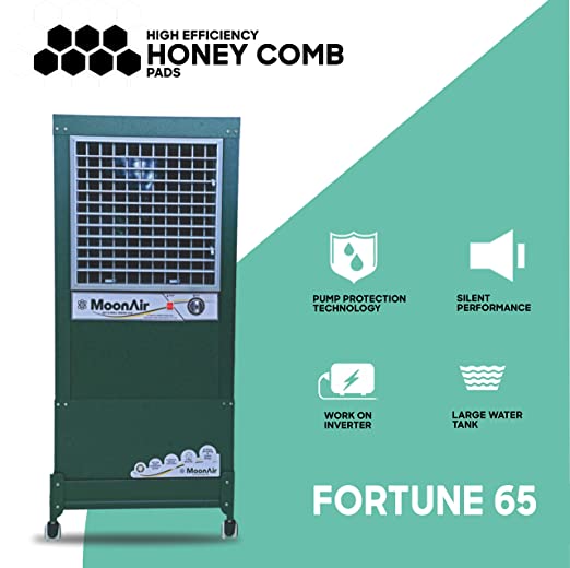 MoonAir GI Sheet (Metal) Fortune 65 L Metal Air Cooler For Home, 5 Fin Climatizer Hi-efficiency Blade With Auto Swing, 4-Way Air Deflection and Powerful Air Throw With High-Density Honeycomb pads, Air Cooler, Metal Air Cooler, Air Cooler For Home; Royal Green