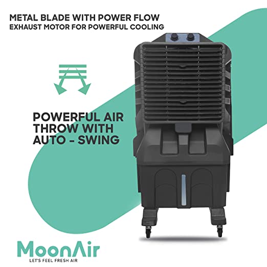 MoonAir Plastic Cyclone 100 L Commercial Cooler For Home, Metal Blade Hi-efficiency For Powerful With Auto Swing, 4-Way Air Deflection and Powerful Air Throw With High-Density Honeycomb pads, Air Cooler, Commercial Cooler, Commercial Air Cooler, Commercial Water Cooler; Premium Black
