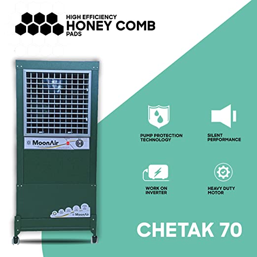 MoonAir GI Sheet (Metal) Chetak 70 L Metal Air Cooler For Home, 5 Fin Climatizer Hi-efficiency Blade With Auto Swing, 4-Way Air Deflection and Powerful Air Throw With High-Density Honeycomb pads, Air Cooler, Metal Air Cooler, Air Cooler For Home; Royal Green