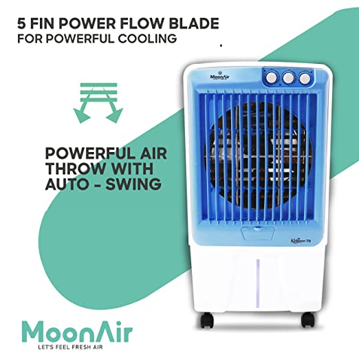 MoonAir Plastic Kohinoor 70 L Desert Air Cooler For Home, 5 Fin Blade Metal Blade With Auto Swing, 4-Way Air Deflection and Powerful Air Throw With High-Density Honeycomb pads, Air Cooler, Desert Air Cooler, Air Cooler For Home; Blue & White