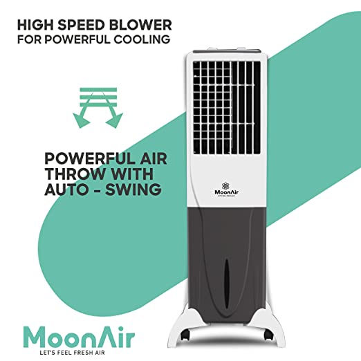 MoonAir Plastic Diva 52 L Personal Ac Cooler For Home, Ac Blower With Auto Swing, 4-Way Air Deflection and Powerful Air Throw With High-Density Honeycomb pads, Air Cooler, Personal Air Cooler, AC Cooler, Mini Cooler, Small Cooler, Portable Cooler; Black & White
