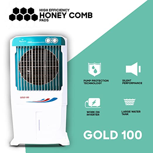 MoonAir Plastic GOLD 100 L Desert Air Cooler For Home, 5 Fin Power Flow Blade With Auto Swing, 4-Way Air Deflection and Powerful Air Throw With High-Density Honeycomb pads, Air Cooler, Desert Air Cooler, Air Cooler For Home; Grey & White