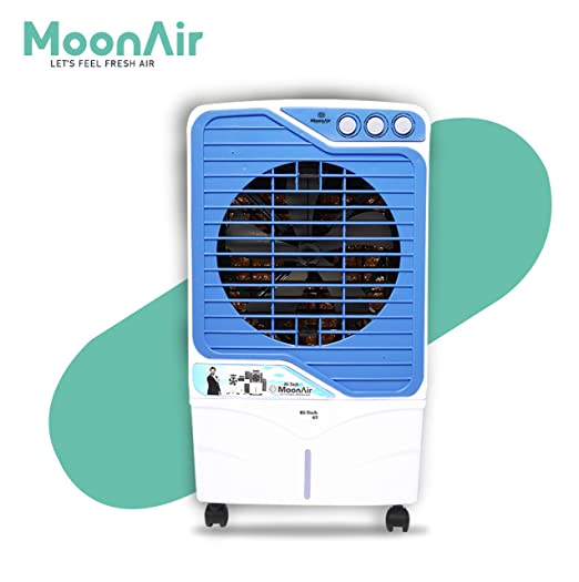 MoonAir Plastic Hitech 65 L Desert Air Cooler For Home, 5 Fin Power Flow Blade With Auto Swing, 4-Way Air Deflection and Powerful Air Throw With High-Density Natural Hay pads, Air Cooler, Desert Air Cooler, Air Cooler For Home; Blue & White