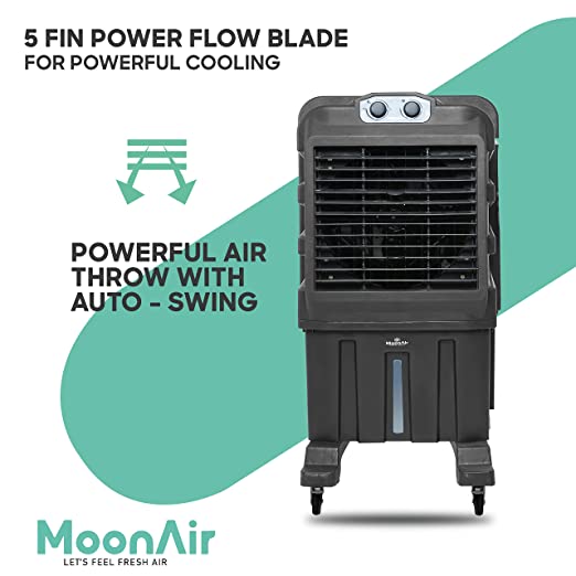 MoonAir Plastic Cyclone 85 L Commercial Cooler For Home, Metal Blade Hi-efficiency For Powerful With Auto Swing, 4-Way Air Deflection and Powerful Air Throw With High-Density Honeycomb pads, Air Cooler, Commercial Cooler, Commercial Air Cooler, Commercial Water Cooler; Premium Black