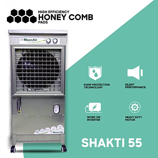 MoonAir GI Sheet (Metal) Shakti 55 L Metal Air Cooler For Home, 5 Fin Power Flow Blade With Auto Swing, 4-Way Air Deflection and Powerful Air Throw With High-Density Natural Hay pads, Air Cooler, Metal Air Cooler, Air Cooler For Home; Silver Finish