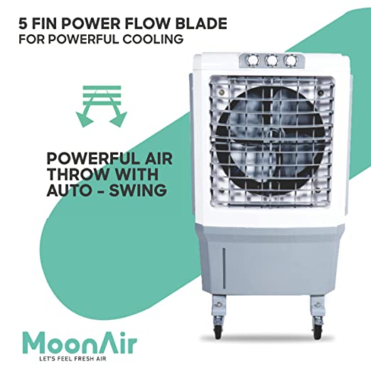 MoonAir Plastic Iconic 70 L Desert Air Cooler For Home, 5 Fin Power Flow Blade With Auto Swing, 4-Way Air Deflection and Powerful Air Throw With High-Density Honeycomb pads, Air Cooler, Desert Air Cooler, Air Cooler For Home; Grey & White