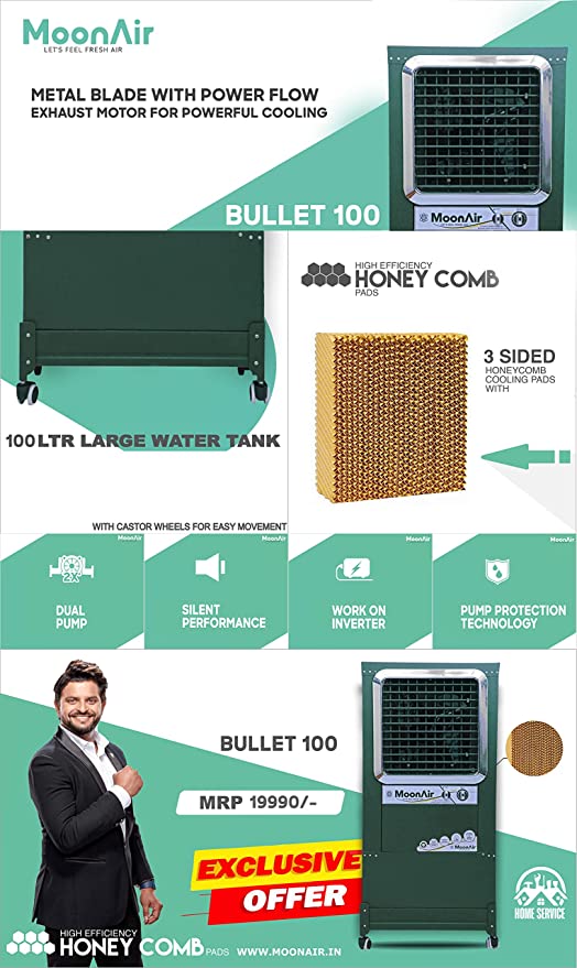 MoonAir GI Sheet (Metal) Bullet 100 L Metal Air Cooler For Home, 18" EXHAUST With Auto Swing, 4-Way Air Deflection and Powerful Air Throw With High-Density Honeycomb pads, Air Cooler, Metal Air Cooler, Air Cooler For Home; Royal Green