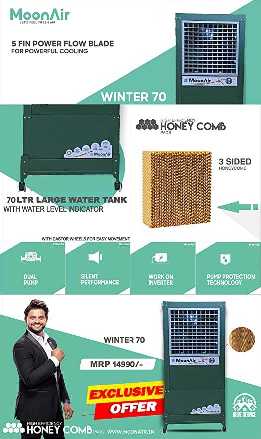 MoonAir GI Sheet (Metal) Winter 70 L Metal Air Cooler For Home, 5 Fin Climatizer Hi-efficiency Blade With Auto Swing, 4-Way Air Deflection, Duel pump for extra cooling, and Powerful Air Throw With High-Density Honeycomb pads, Air Cooler, Metal Air Cooler, Air Cooler For Home; Royal Green