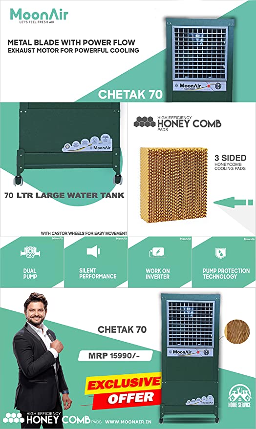 MoonAir GI Sheet (Metal) Chetak 70 L Metal Air Cooler For Home, 5 Fin Climatizer Hi-efficiency Blade With Auto Swing, 4-Way Air Deflection and Powerful Air Throw With High-Density Honeycomb pads, Air Cooler, Metal Air Cooler, Air Cooler For Home; Royal Green