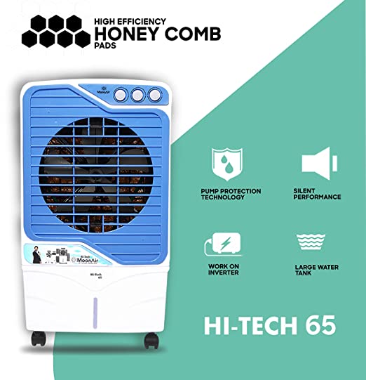 MoonAir Plastic Hitech Plus 65 L Desert Air Cooler For Home, 5 Fin Power Flow Blade With Auto Swing, 4-Way Air Deflection and Powerful Air Throw With High-Density HoneyComb pads, Air Cooler, Desert Air Cooler, Air Cooler For Home; Blue & White