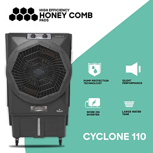 MoonAir Plastic Cyclone 110 L Commercial Cooler For Home, Metal Blade Hi-efficiency For Powerful With Auto Swing, 4-Way Air Deflection and Powerful Air Throw With High-Density Honeycomb pads, Air Cooler, Commercial Cooler, Commercial Air Cooler, Commercial Water Cooler; Premium Black