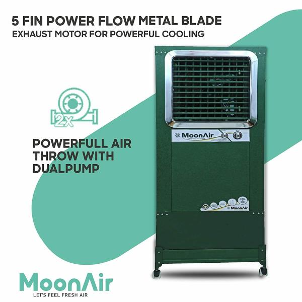 MoonAir GI Sheet (Metal) Storm 100 L Metal Air Cooler For Home, 18" EXHAUST With Auto Swing, 4-Way Air Deflection and Powerful Air Throw With High-Density Honeycomb pads, Air Cooler, Metal Air Cooler, Air Cooler For Home; Royal Green