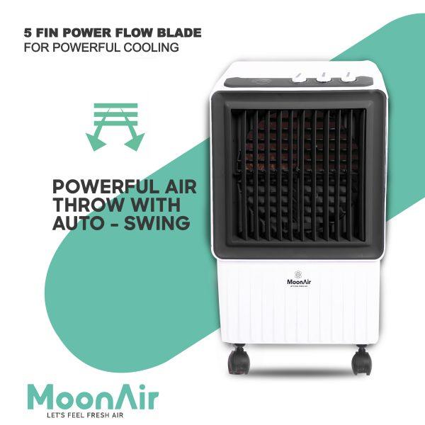 MoonAir Plastic Frosty 25 L Desert Air Cooler For Home, 12 " blade With Auto Swing, 4-Way Air Deflection and Powerful Air Throw With High-Density Honeycomb pads, Air Cooler, Desert Air Cooler, Air Cooler For Home; Grey & White