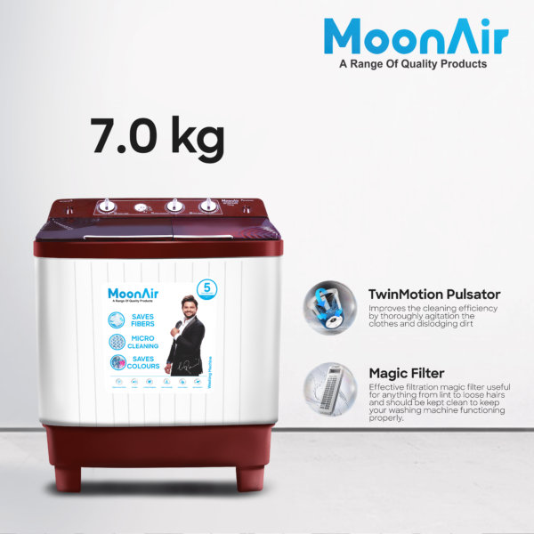 MoonAir 7 Kg Semi-Automatic Top Loading Washing Machine (7011, Wine Red | TwinMotion Washing Machine)