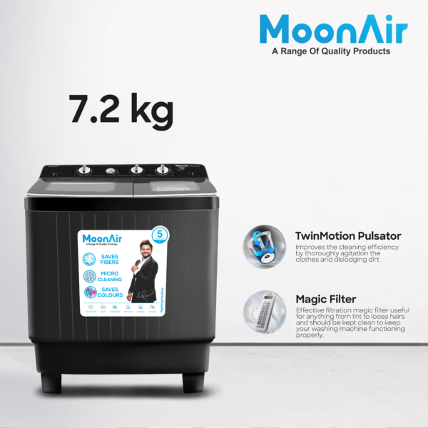 MoonAir 7.2 Kg Semi-Automatic Top Loading Washing Machine (7221, Royal Black | Best Washing Machine)