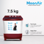 MoonAir 7.5 Kg Semi-Automatic Top Loading Washing Machine (7511, Wine Red | Standard Pulsator Washing Machine)