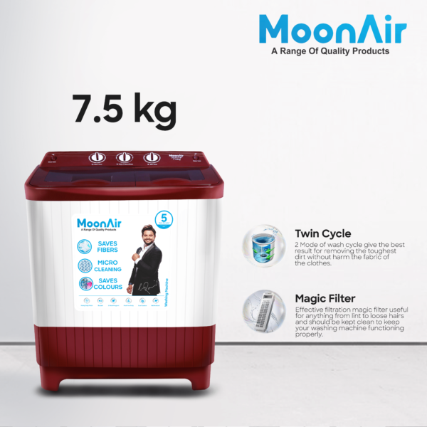 MoonAir 7.5 Kg Semi-Automatic Top Loading Washing Machine (7511, Wine Red | Standard Pulsator Washing Machine)