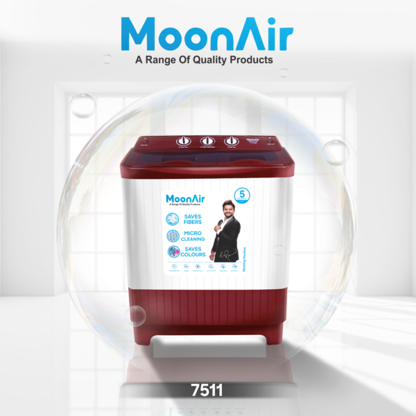 MoonAir 7.5 Kg Semi-Automatic Top Loading Washing Machine (7511, Wine Red | Standard Pulsator Washing Machine)