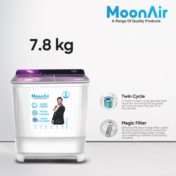 MoonAir 7.8 Kg Semi-Automatic Top Loading Washing Machine (7821, Orchid Purple | Standard Pulsator Washing Machine)