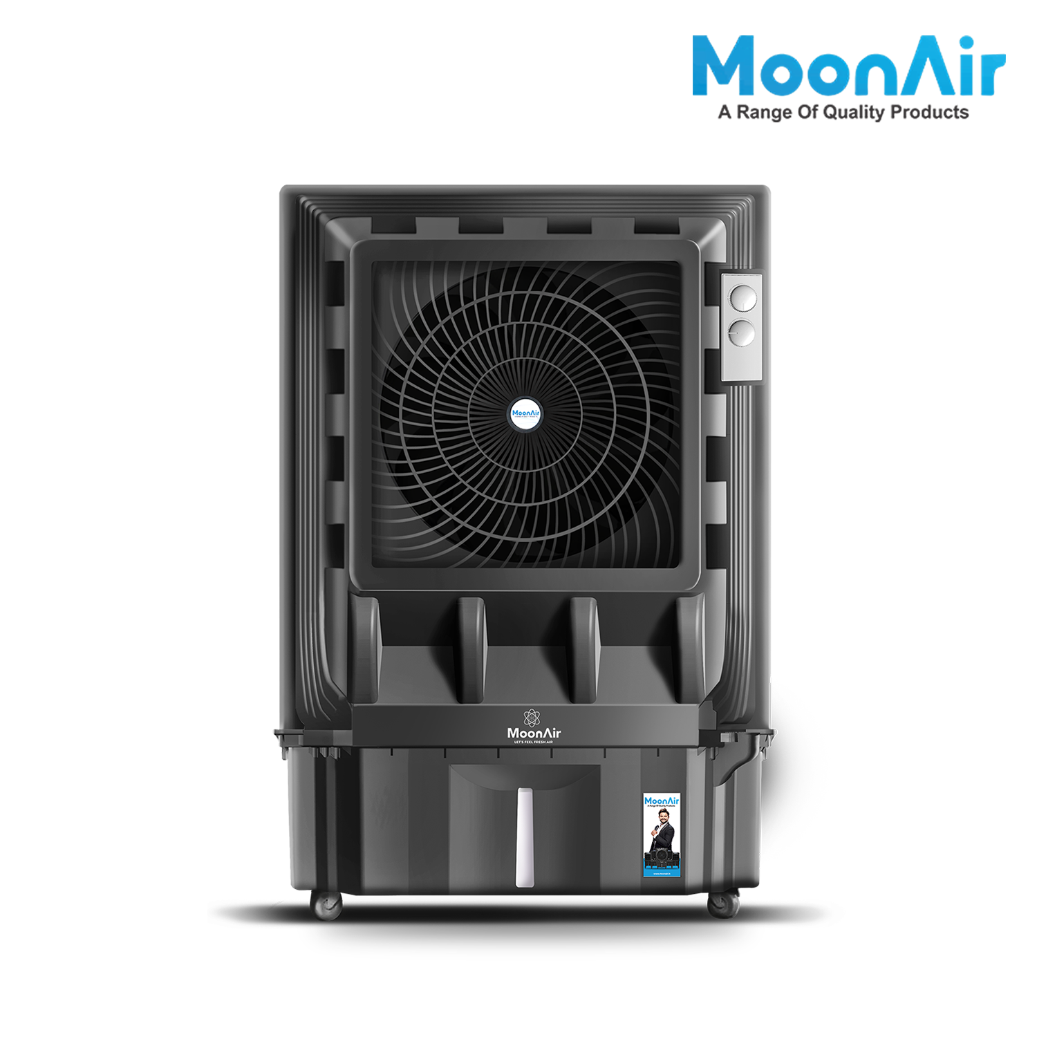 MoonAir Plastic Mahaveer 110 L Commercial Air Cooler For Home, Hi-efficiency For Powerful With Auto Swing, 4-Way Air Deflection and Powerful Air Throw With High-Density Honeycomb pads, Air Cooler, Commercial Cooler, Commercial Air Cooler, Commercial Water Cooler; Premium Black