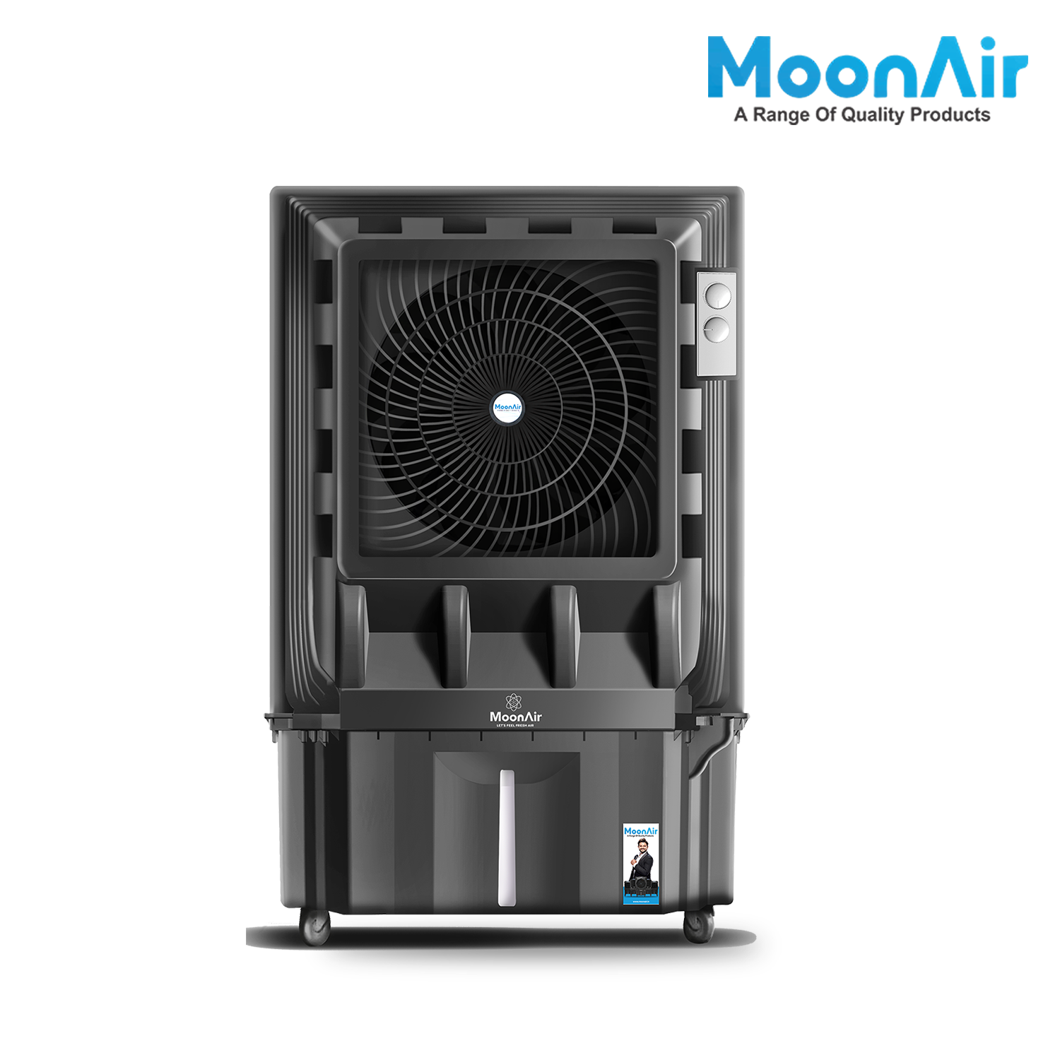 MoonAir Plastic Mahaveer 140 L Commercial Air Cooler For Home, Hi-efficiency For Powerful With Auto Swing, 4-Way Air Deflection and Powerful Air Throw With High-Density Honeycomb pads, Air Cooler, Commercial Cooler, Commercial Air Cooler, Commercial Water Cooler; Premium Black