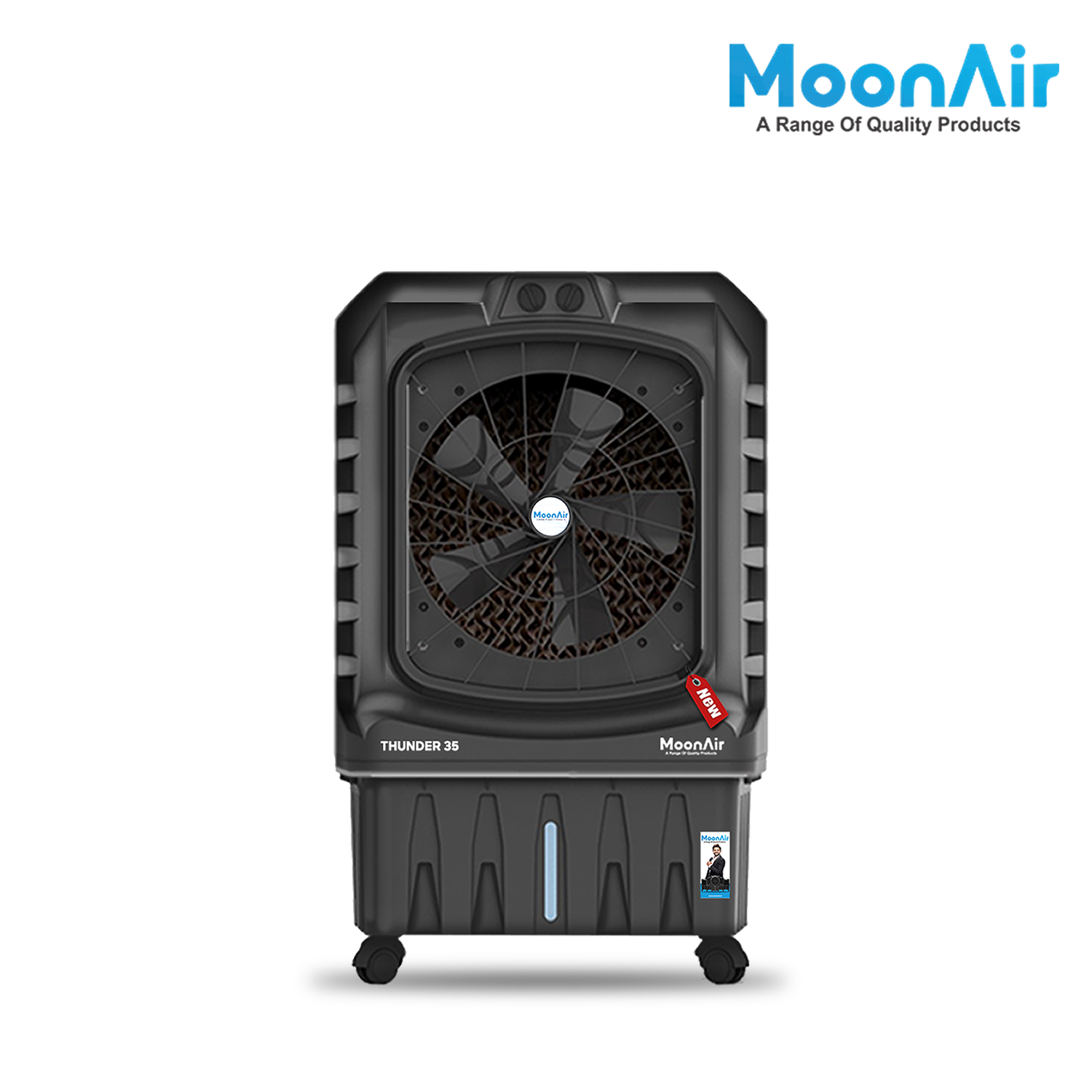 MoonAir Plastic Thunder 35 L Desert Air Cooler For Home, 5 Fin Power Flow Blade, 4-Way Air Deflection And Powerful Air Throw With High-Density Honeycomb Pads, Air Cooler, Desert Cooler, Cooler For Home, Desert Air Cooler, Air Cooler For Home; Black
