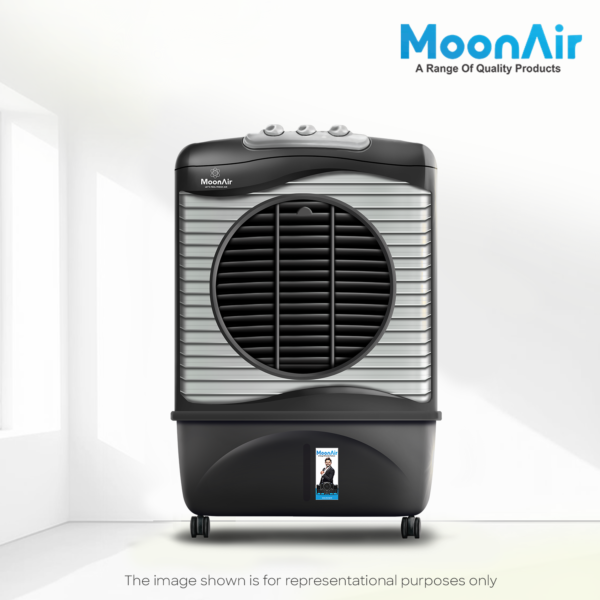 MoonAir Plastic Silver 65 L Desert Air Cooler For Home, 5 Fin Power Flow Blade With Auto Swing, 4-Way Air Deflection and Powerful Air Throw With High-Density HoneyComb pads, Air Cooler, Desert Air Cooler, Air Cooler For Home; Blue & White