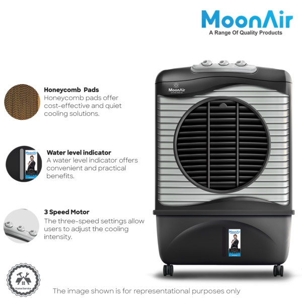 MoonAir Plastic Silver 65 L Desert Air Cooler For Home, 5 Fin Power Flow Blade With Auto Swing, 4-Way Air Deflection and Powerful Air Throw With High-Density HoneyComb pads, Air Cooler, Desert Air Cooler, Air Cooler For Home; Blue & White