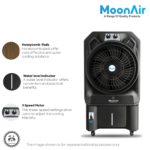 MoonAir Plastic Cyclone 105 L Commercial Cooler For Home, Hi-efficiency For Powerful With Auto Swing, 4-Way Air Deflection and Powerful Air Throw With High-Density Honeycomb pads, Air Cooler, Commercial Cooler, Commercial Air Cooler, Commercial Water Cooler; Premium Black
