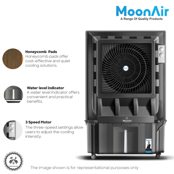 MoonAir Plastic Mahaveer 160 L Commercial Cooler For Home, Hi-efficiency For Powerful With Auto Swing, 4-Way Air Deflection and Powerful Air Throw With High-Density Honeycomb pads, Air Cooler, Commercial Cooler, Commercial Air Cooler, Commercial Water Cooler; Premium Black
