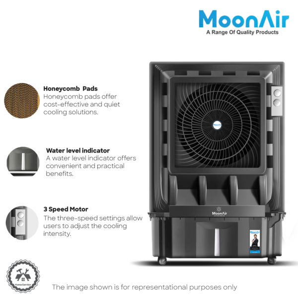 MoonAir Plastic Mahaveer 110 L Commercial Air Cooler For Home, Hi-efficiency For Powerful With Auto Swing, 4-Way Air Deflection and Powerful Air Throw With High-Density Honeycomb pads, Air Cooler, Commercial Cooler, Commercial Air Cooler, Commercial Water Cooler; Premium Black