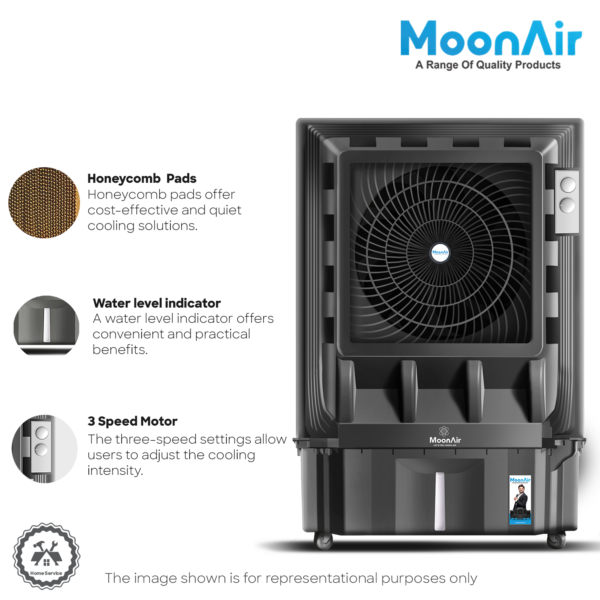 MoonAir Plastic Mahaveer 125 L Commercial Cooler For Home, Hi-efficiency For Powerful With Auto Swing, 4-Way Air Deflection and Powerful Air Throw With High-Density Honeycomb pads, Air Cooler, Commercial Cooler, Commercial Air Cooler, Commercial Water Cooler; Premium Black