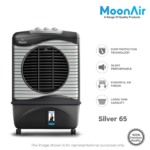 MoonAir Plastic Silver 65 L Desert Air Cooler For Home, 5 Fin Power Flow Blade With Auto Swing, 4-Way Air Deflection and Powerful Air Throw With High-Density HoneyComb pads, Air Cooler, Desert Air Cooler, Air Cooler For Home; Blue & White