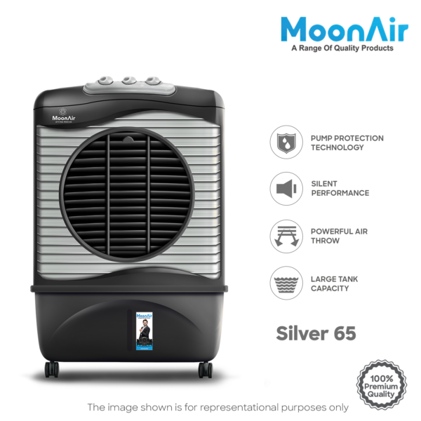 MoonAir Plastic Silver 65 L Desert Air Cooler For Home, 5 Fin Power Flow Blade With Auto Swing, 4-Way Air Deflection and Powerful Air Throw With High-Density HoneyComb pads, Air Cooler, Desert Air Cooler, Air Cooler For Home; Blue & White