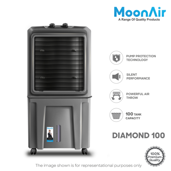 MoonAir Plastic Diamond 100 L Desert Air Cooler For Home, 5 Fin Power Flow Blade With Auto Swing, 4-Way Air Deflection and Powerful Air Throw With High-Density HoneyComb pads, Air Cooler, Desert Air Cooler, Air Cooler For Home; Black