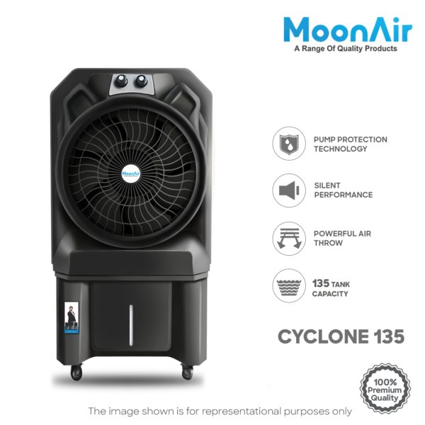 MoonAir Plastic Cyclone 135 L Commercial Cooler For Home, Hi-efficiency For Powerful With Auto Swing, 4-Way Air Deflection and Powerful Air Throw With High-Density Honeycomb pads, Air Cooler, Commercial Cooler, Commercial Air Cooler, Commercial Water Cooler; Premium Cream