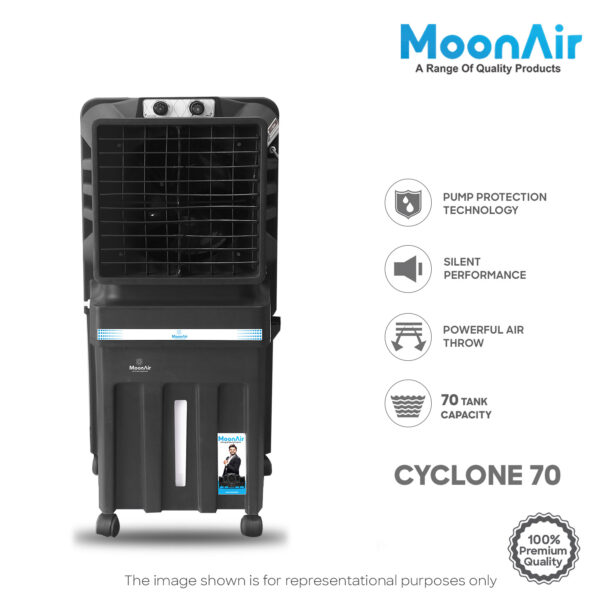 MoonAir Plastic Cyclone 70 L Personal Air Cooler For Home, Hi-efficiency For Powerful With Auto Swing, 4-Way Air Deflection and Powerful Air Throw With High-Density Honeycomb pads, Air Cooler, Personal Cooler, Personal Air Cooler, Personal Water Cooler; Premium Black