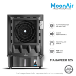 MoonAir Plastic Mahaveer 125 L Commercial Cooler For Home, Hi-efficiency For Powerful With Auto Swing, 4-Way Air Deflection and Powerful Air Throw With High-Density Honeycomb pads, Air Cooler, Commercial Cooler, Commercial Air Cooler, Commercial Water Cooler; Premium Black