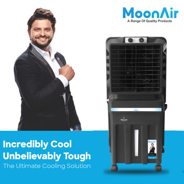 MoonAir Plastic Cyclone 70 L Personal Air Cooler For Home, Hi-efficiency For Powerful With Auto Swing, 4-Way Air Deflection and Powerful Air Throw With High-Density Honeycomb pads, Air Cooler, Personal Cooler, Personal Air Cooler, Personal Water Cooler; Premium Black