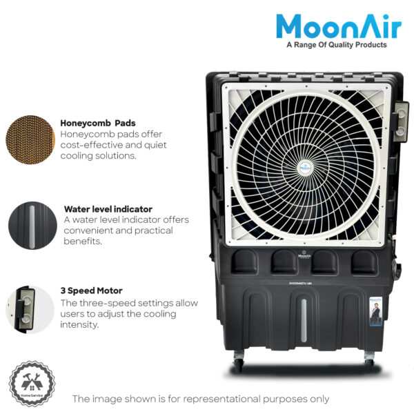 MoonAir Plastic Dhoomketu 180 L Commercial Air Cooler For Home, Hi-efficiency For Powerful With Auto Swing, 4-Way Air Deflection and Powerful Air Throw With High-Density Honeycomb pads, Air Cooler, Commercial Cooler, Commercial Air Cooler, Commercial Water Cooler; Premium Black